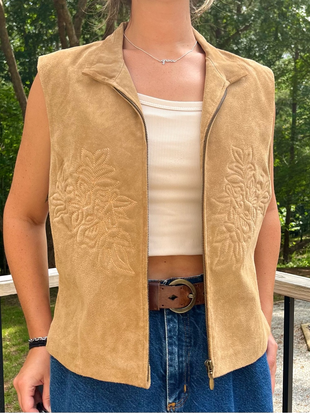 Coldwater Creek Tan Leather Suede Embroidered Vest